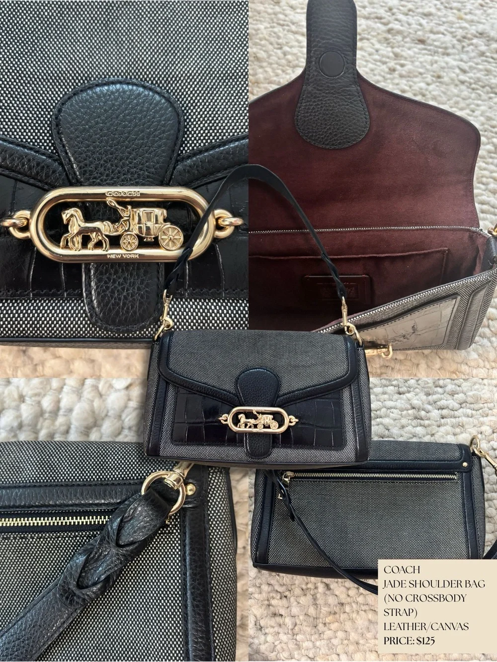 Coach Jade Black Leather & Gray Canvas Shoulder Bag with Gold Hardware
